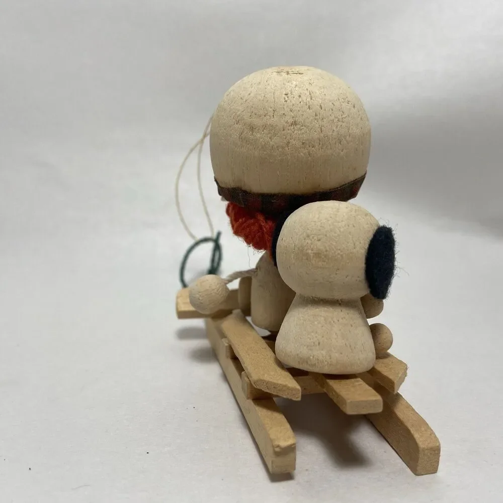 Vintage Handmade Wood Art Girl With Big And Puppy On Sleigh Figurine